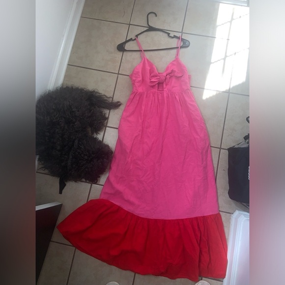 Tie-Front Midi pink & red linen Dress - Tabitha Brown boho spring bow maxi - Picture 5 of 9